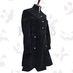 Black Velvet Dress Coat with a high mandarin collar and gleaming antique brass buttons