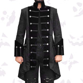 Black velvet pirate coat with a high collar, ornate silver buttons, and black chest braiding