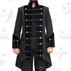Black velvet pirate coat with a high collar, ornate silver buttons, and black chest braiding
