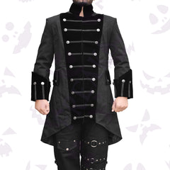 Black velvet pirate coat with a high collar, ornate silver buttons, and black chest braiding