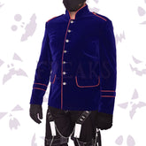 Blue velvet steampunk coat with red piping, ornate silver buttons, and shoulder epaulets