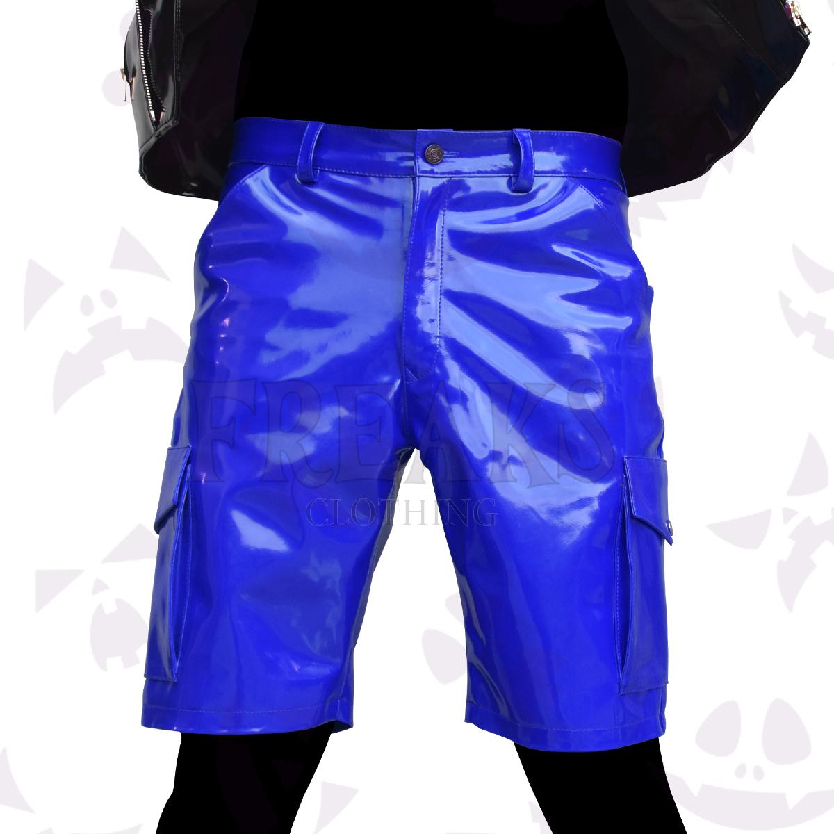 wet look glossy punk shorts for men in blue color