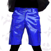 wet look glossy punk shorts for men in blue color