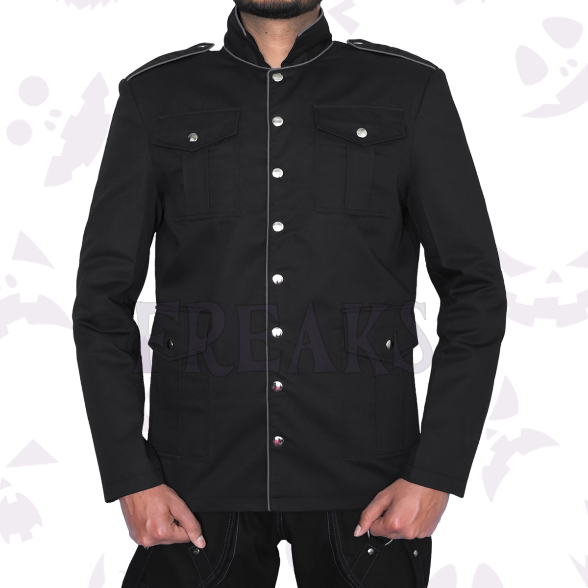 Black gothic blazer with white piping, silver snap buttons, and four flap pockets