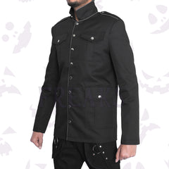 Black gothic blazer with white piping, silver snap buttons, and four flap pockets