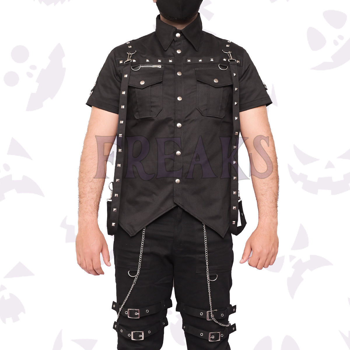 Button Up Punk Studded Shirt short-sleeve shirt with silver studs, zippers, and detachable straps