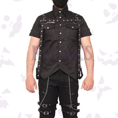 Button Up Punk Studded Shirt short-sleeve shirt with silver studs, zippers, and detachable straps