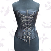 Leather Womens Overbust Corset with a front zipper and intricate silver chain lacing
