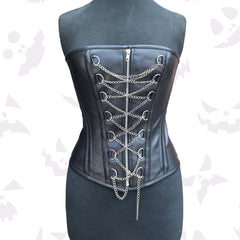 Leather Womens Overbust Corset with a front zipper and intricate silver chain lacing