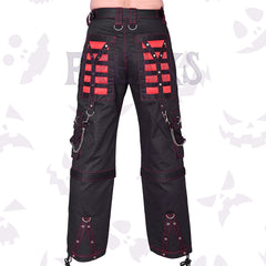 Back of black Cybergoth Red Emo Pants: black, convertible, with chains & red panels