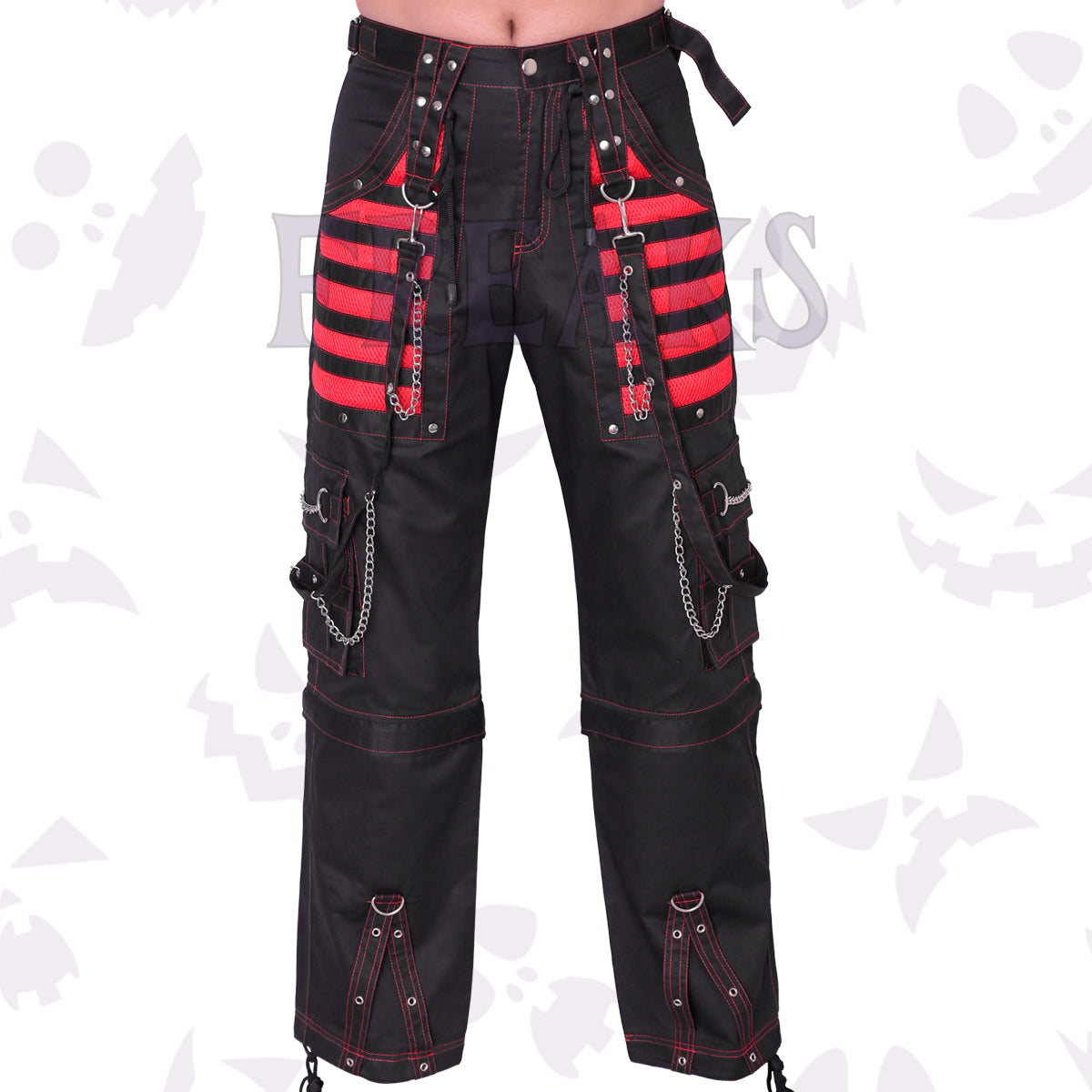 Black & red cybergoth cargo pants with detachable chains & straps for alt style