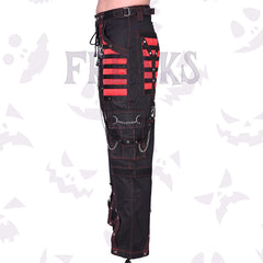 black gothic emo utility pants with red accents, chains, and studs.