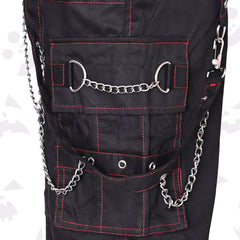 closeup of Men's emo gothic pants with chains and red stiching
