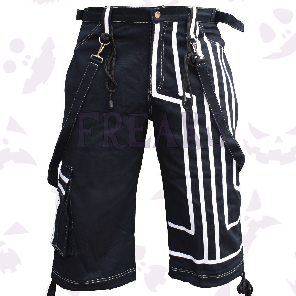 black Cybergoth Cargo Shorts with graphic strips and detachable straps