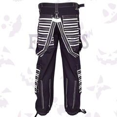 Freaks black baggy cargo pants, cyberpunk style, with white stripes & zipper details