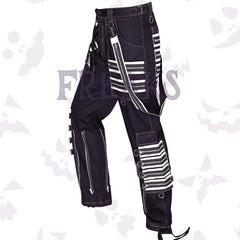 Men's gothic baggy pants featuring bold white stitching, multiple zippers