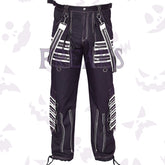 Black cyberpunk baggy cargo pants with white contrast stitching, zippers