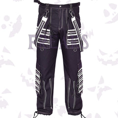 Black cyberpunk baggy cargo pants with white contrast stitching, zippers