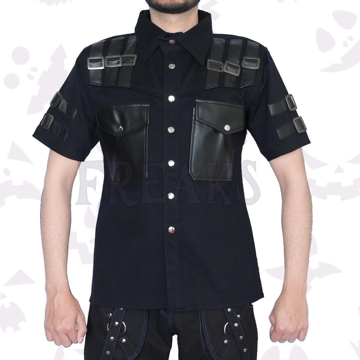 Black short-sleeve dapper darkness gothic shirt with leather shoulder straps, buckles, and chest pockets.
