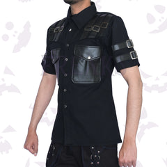 Black short-sleeve gothic shirt with leather shoulder straps, buckles, and chest pockets.