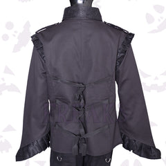 Black gothic jacket for women with a full zipper, numerous D-rings, faux leather straps, and ruffled cuffs