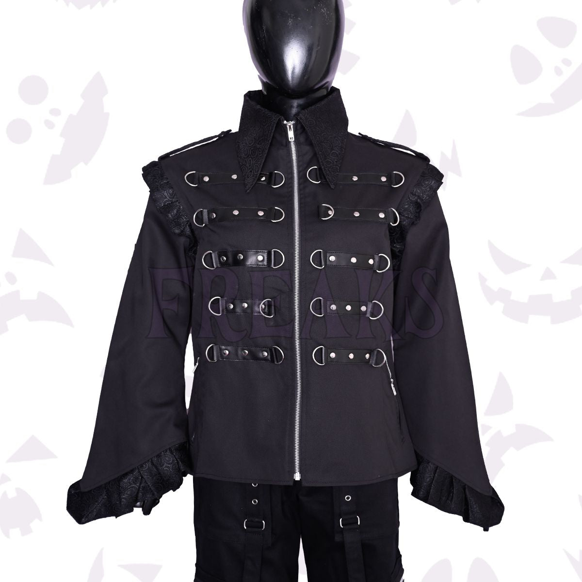 Black gothic jacket for women with a full zipper, numerous D-rings, faux leather straps, and ruffled cuffs