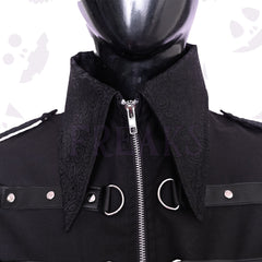 Black gothic jacket for women with a full zipper, numerous D-rings, faux leather straps, and ruffled cuffs