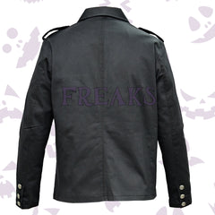 Dark Executive Gothic Coat For Men with silver ornate buttons, four flap pockets, and shoulder epaulets.