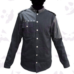 Black gothic shirt with faux leather shoulder yokes, silver rivets, and a mandarin collar