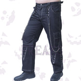 Black gothic cargo pants with white stitching, chains, studs, and D-ring