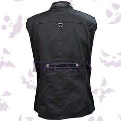 Black gothic military vest with faux leather horizontal straps, silver snap buttons, and shoulder epaulets.