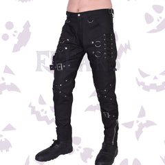Black gothic slim fit pants with , lace-up details, and buckles.