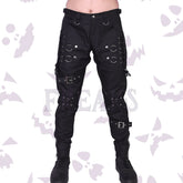 Black gothic slim fit pants with numerous metal O-rings, lace-up details, and buckles.