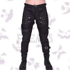 Black gothic slim fit pants with numerous metal O-rings, lace-up details, and buckles.