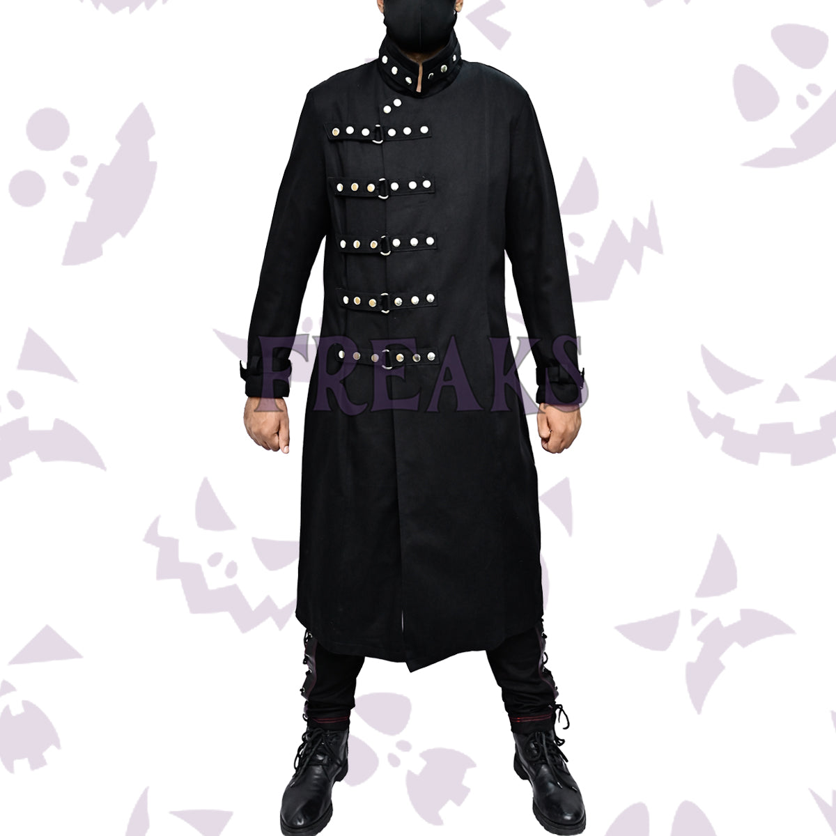 Black gothic trench coat with a high studded collar, multiple horizontal buckle straps, and rivets
