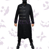 Black gothic trench coat with a high studded collar, multiple horizontal buckle straps, and rivets