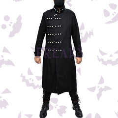 Black gothic trench coat with a high studded collar, multiple horizontal buckle straps, and rivets