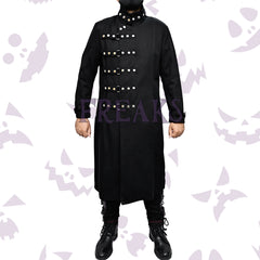 gothic devils freaks trench coat with a high studded collar, multiple horizontal buckle straps, and rivets