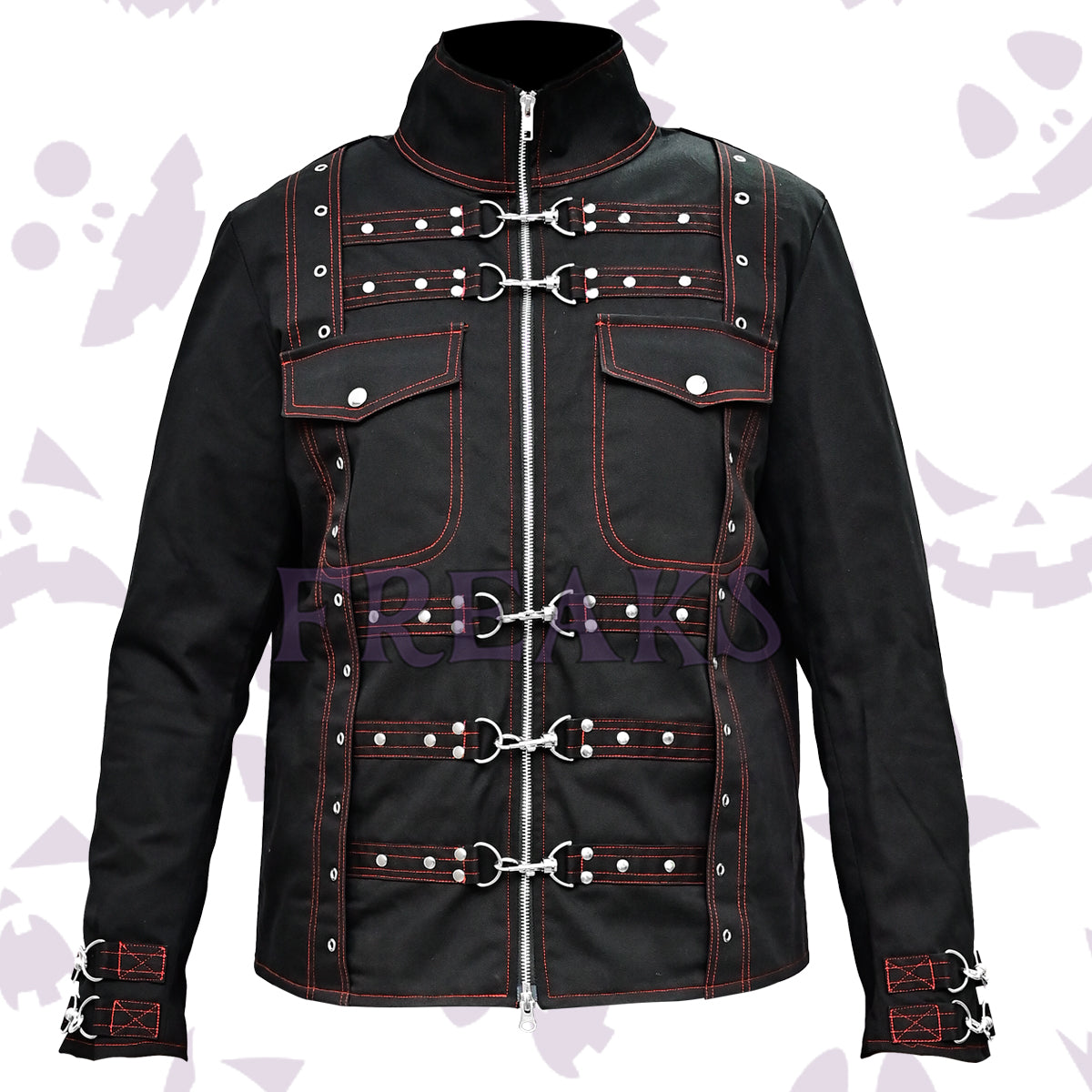 rebels gothic jacket for men's with red stitching, silver clasps and chest pockets