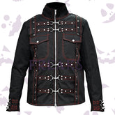 rebels gothic jacket for men's with red stitching, silver clasps and chest pockets