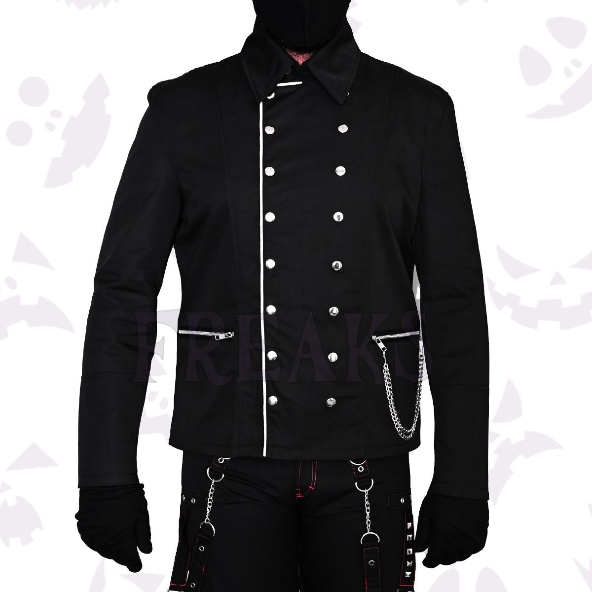 Double Breast Goth Military Officer Jacket with silver buttons and white contrast piping