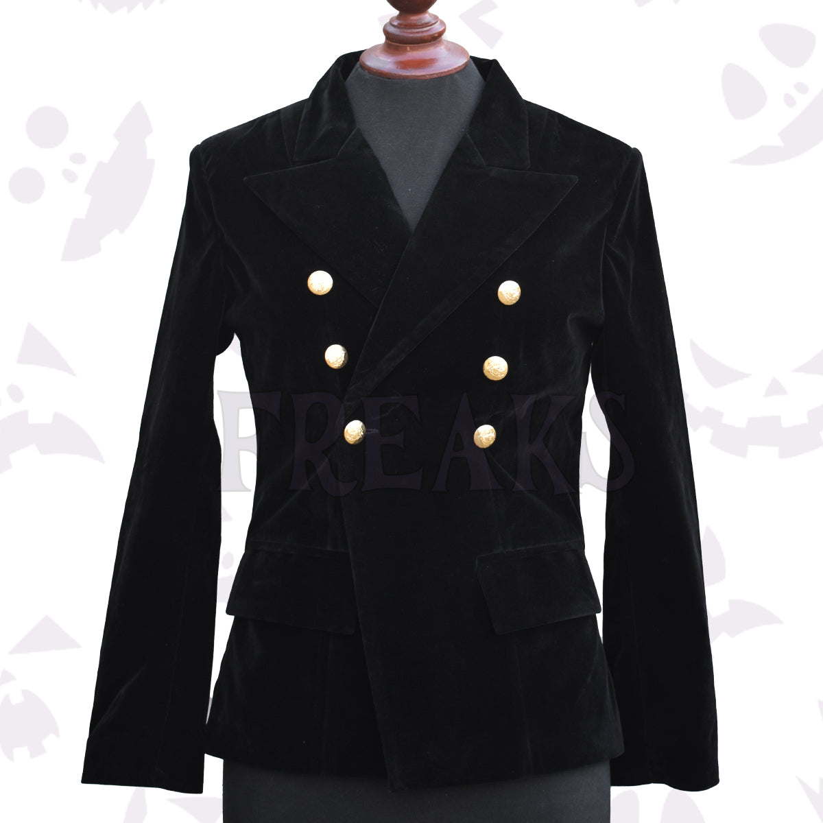 Double Breasted Black Velvet Coat Women's with classic flap pockets and a tailored fit