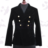 Double Breasted Black Velvet Coat Women's with classic flap pockets and a tailored fit