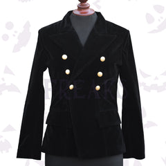 Double Breasted Black Velvet Coat Women's with classic flap pockets and a tailored fit