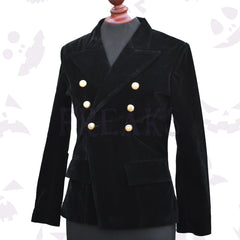 Double Breasted Black Velvet Coat or women with golden dome buttons and notched lapels.