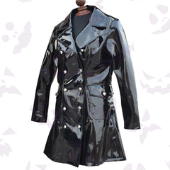 Double-Breasted Military Glossy PVC coat with silver buttons and notched lapels.