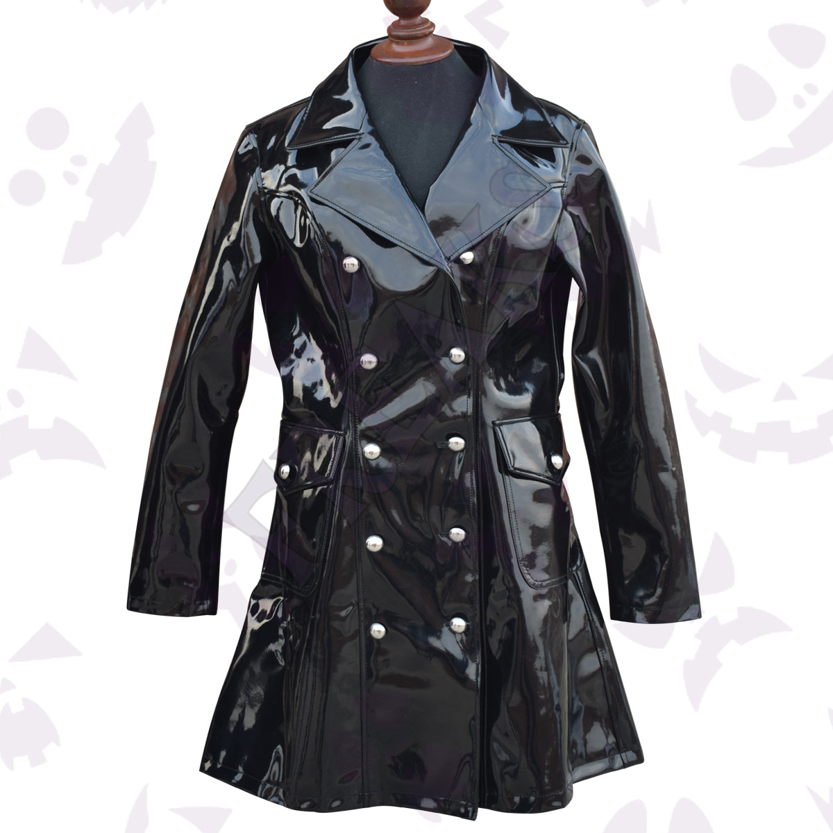 Double-Breasted Military Glossy PVC Coat with flap pockets and a sleek finish.