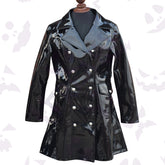 Double-Breasted Military Glossy PVC Coat with flap pockets and a sleek finish.