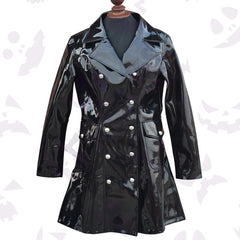 Double-Breasted Military Glossy PVC Coat with flap pockets and a sleek finish.