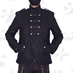 Black double-breasted military blazer with golden buttons, horizontal bands, and a stand-up collar.